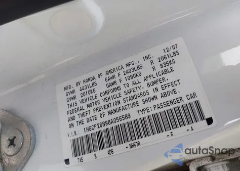 2008 Honda Accord 2.4 Ex-L from USA, damaged, VIN 1HGCP26898A056589